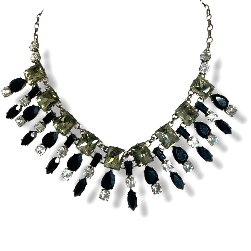 J.Crew Mixed Crystal Rhinestone Bib Statement Necklace Smokey Grey Black Gold